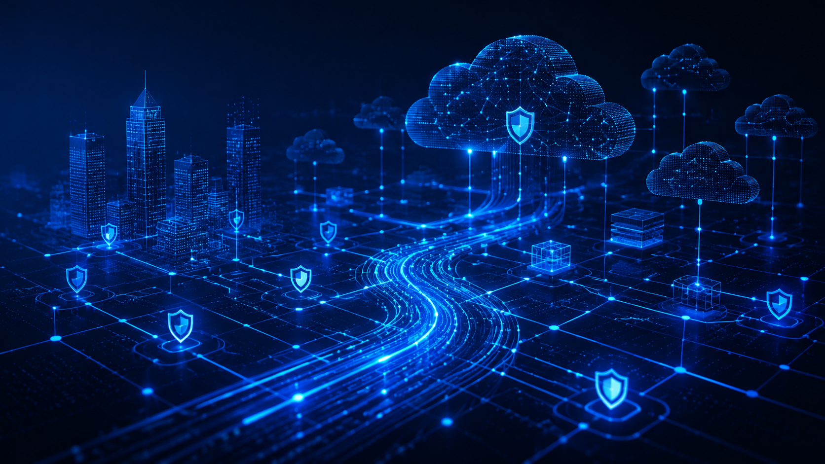 Abstract representation of Kammerdiener Technologies' integrated DevSecOps approach — interconnected infrastructure, pipelines, and security layers.