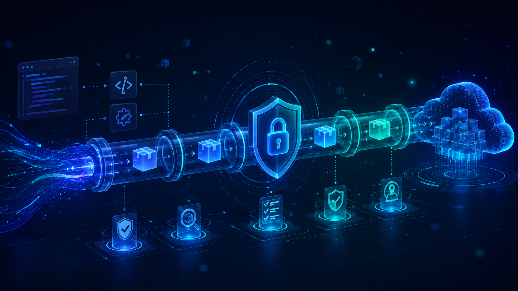 Abstract visual representing strategic technology partnerships — secure software supply chain pipelines flowing through a protected infrastructure network.